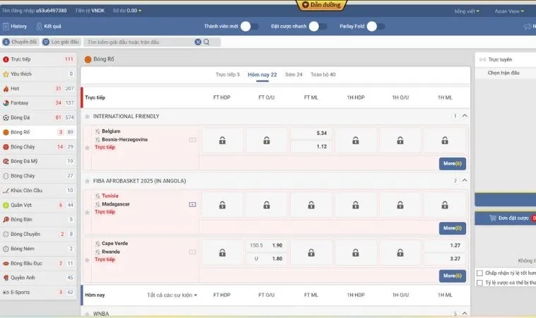 Giao diện cá cược bóng rổ M788