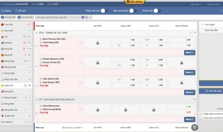 Bảng kèo cá cược quần vợt M788