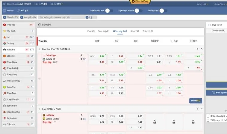 Bảng kèo cá cược bóng đá M788